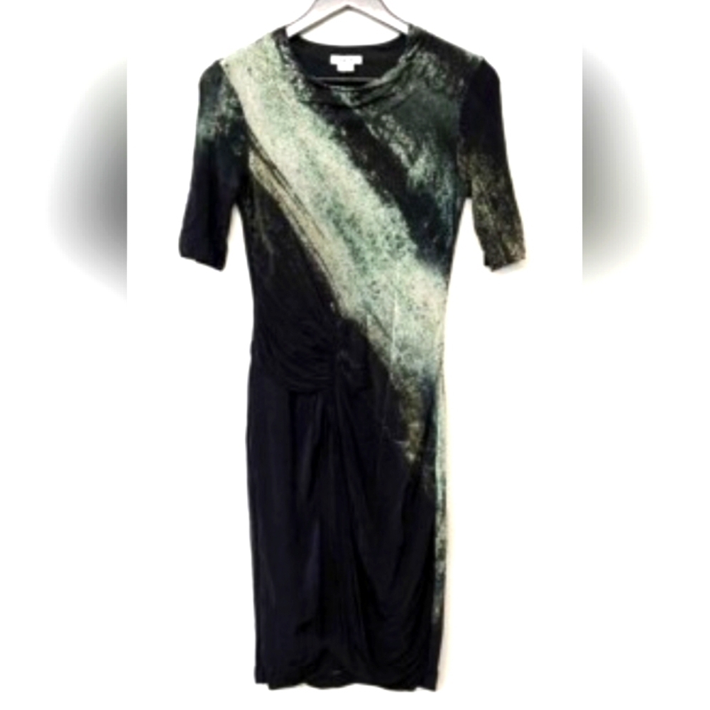 72h. Helmut Lang Green and Black Sheath Midi Dress V-Neck Cocktail